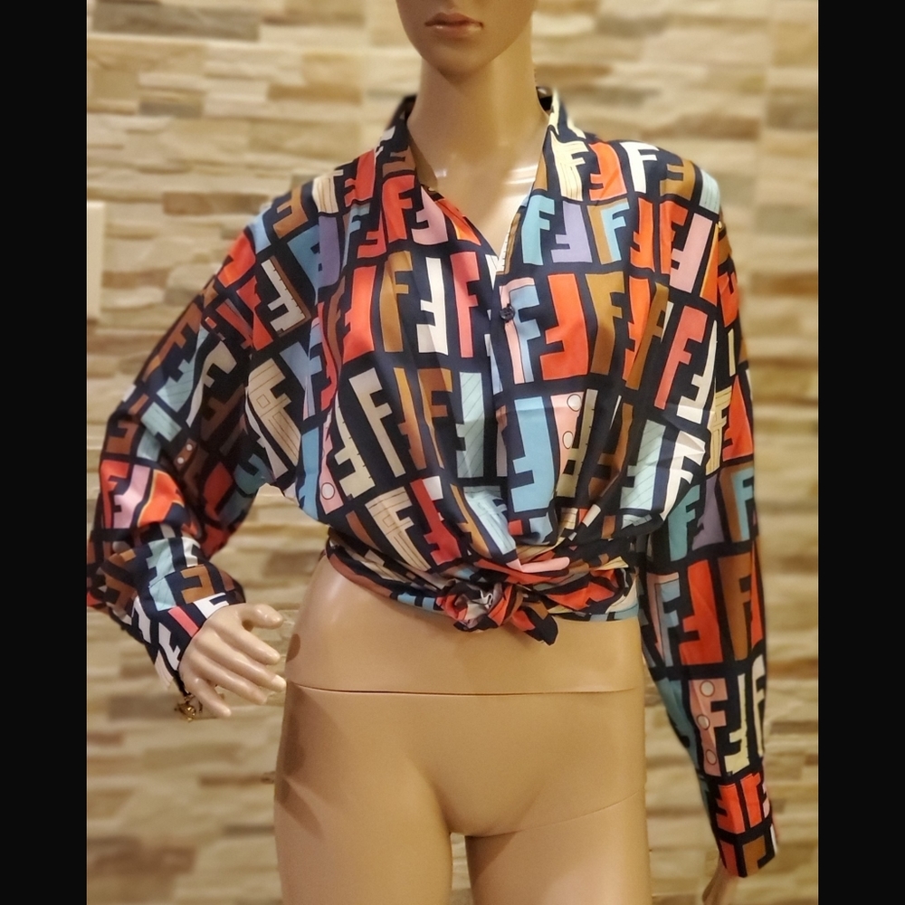 FF Monogram Tie-Front Satin Blouse - Multicolor